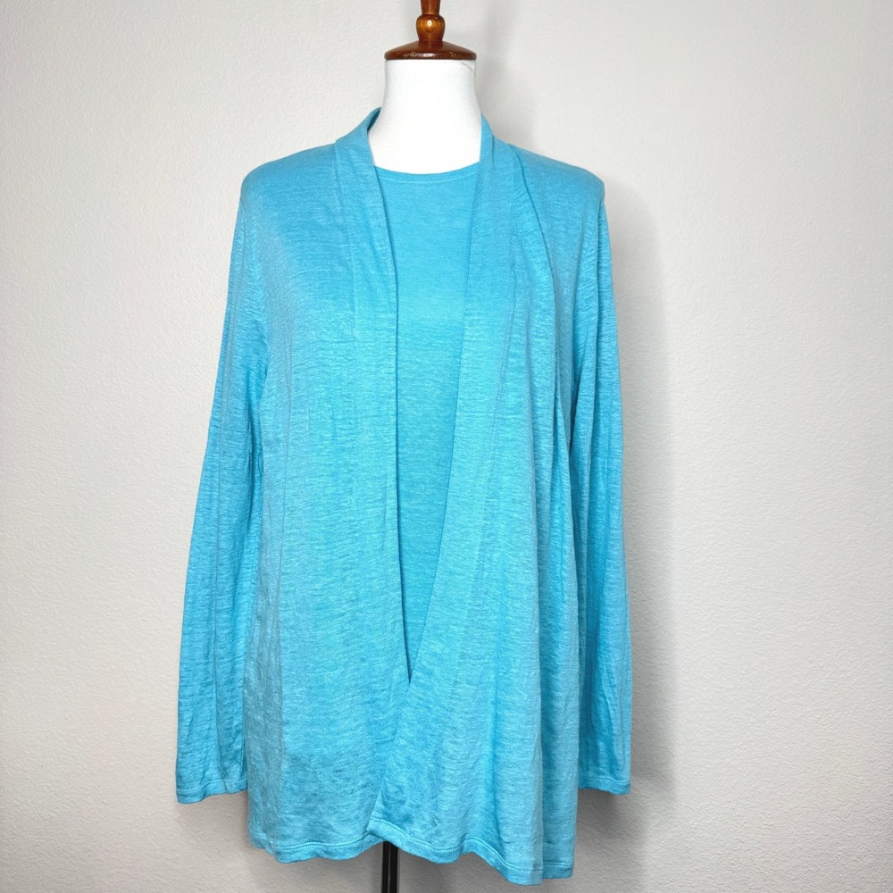 J. JILL Linen Knit Cardigan Tank Set Med Petite Aqua Open Front Minimalist Ltwt